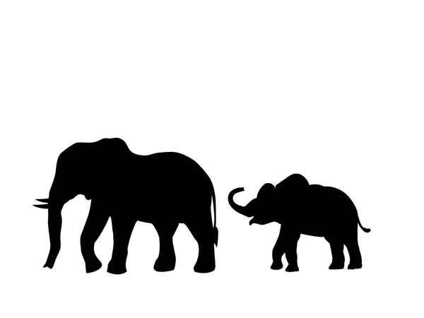 Olifant en Olifanten kalf zoogdier zwarte silhouet dier — Stockvector