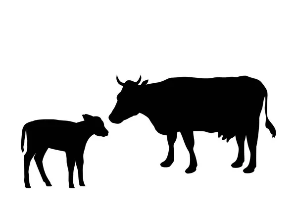 Kuh- und Kälberfarm Säugetier schwarze Silhouette Tier. — Stockvektor