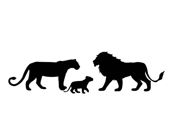 Famiglia leoni predatore nero silhouette animale — Vettoriale Stock