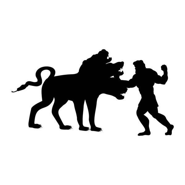 Heracles fights Cerberus dog silhouette ancient mythology fantasy