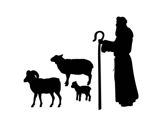 Silhouettes de vacances Noël Nativité. Berger pâturages troupeau moutons . — Image vectorielle