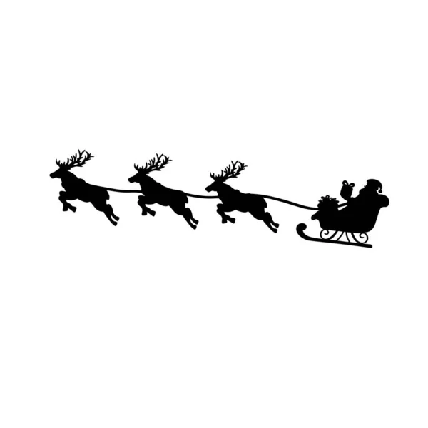 Silhouette Santa in sleigh and flying reindeers. Symbol Happy Merry Christmas. — Stock Vector