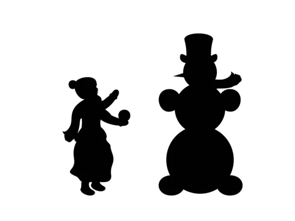 A criança de silhueta esculpe o boneco de neve. Símbolo Feliz Ano Novo — Vetor de Stock