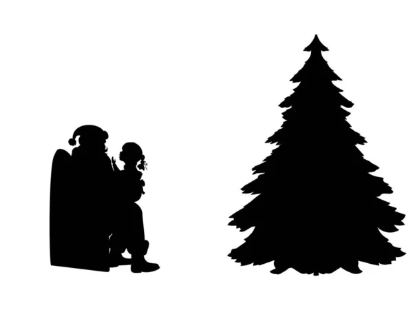 Silhouette enfant parler et assis sur les genoux Père Noël. Symbole Joyeux Noël . — Image vectorielle