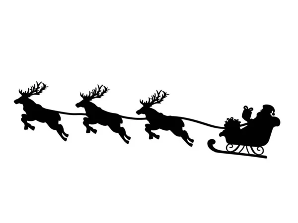 Silhouette Santa in sleigh and flying reindeers. Symbol Happy Merry Christmas. — Stock Vector