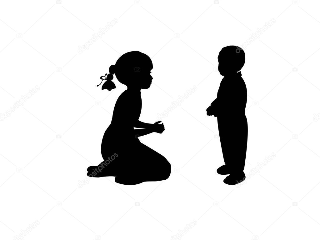 Silhouette sister takes care of little brother. Illustration graphics icon