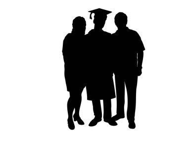 Siluet genç erkek mezuniyet töreninde ailesine sarılıyor.