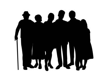Aile silueti çocuklar, ebeveynler ve büyükanneler.