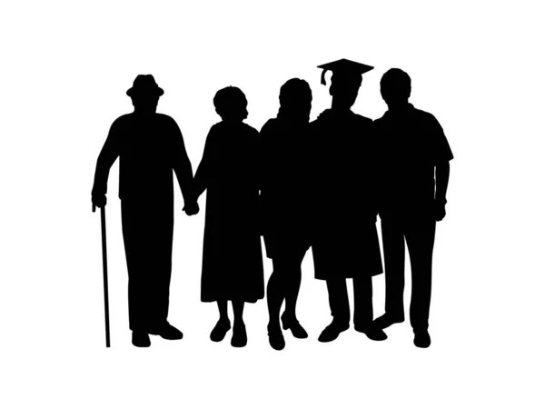 Silhouette man graduate hugs family of parents and grandparents — Stock Vector