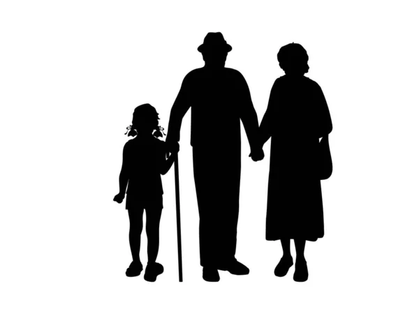 Silhouette di ragazza che cammina con i nonni — Vettoriale Stock