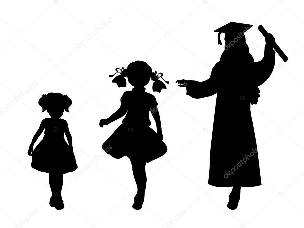 Silhouette of graduate growing up. Baby girl young woman. Illustration graphics icon