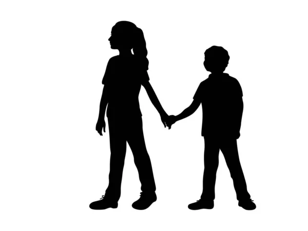 Silhouettes of girl older sister guides boy younger brother — Stock Vector