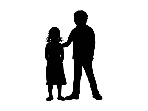 Silhouettes of boy and girl. Older brother and younger sister. — Stock Vector