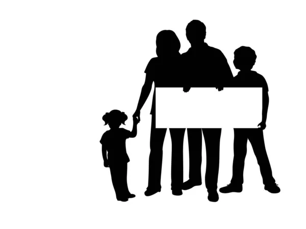Silhouette famiglia tiene cartello banner foglio bianco vuoto per lo spazio di testo — Vettoriale Stock
