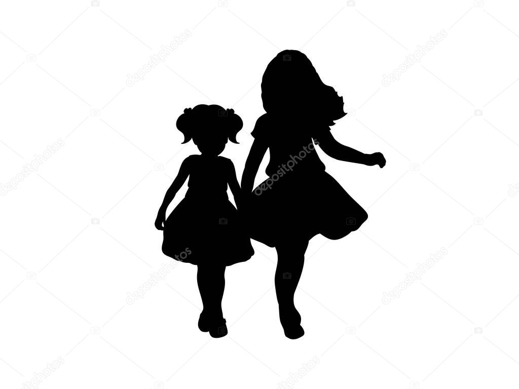 Silhouettes of two girls sisters friends.