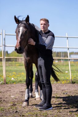 Yazın çayırda duran bir adamla genç at.