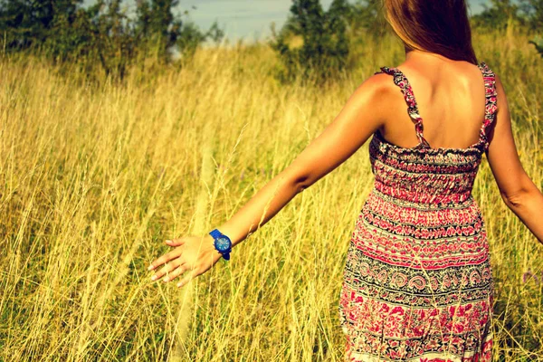 Genç güzel kız aracılığıyla yüksek kuru çim alan ve ishal elinde yaz aylarında yürüyüş.