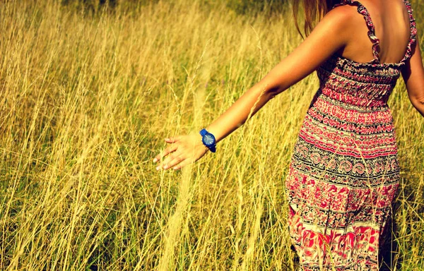 Genç güzel kız aracılığıyla yüksek kuru çim alan ve ishal elinde yaz aylarında yürüyüş.