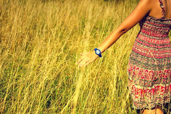 Genç güzel kız aracılığıyla yüksek kuru çim alan ve ishal elinde yaz aylarında yürüyüş.