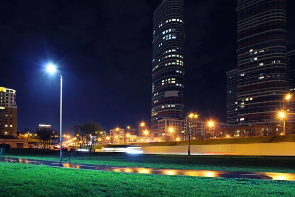 Landscape Big City Night Lights High Rise Buildings Moscow Russia — Stock Photo, Image