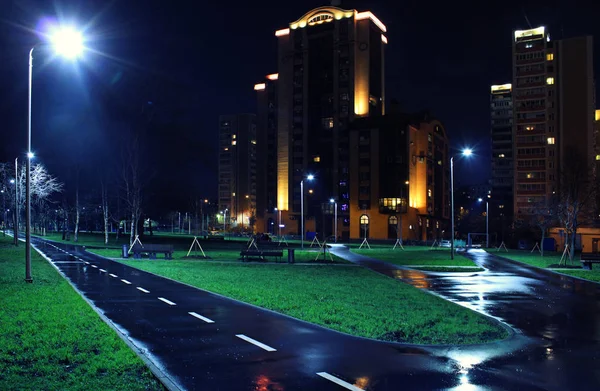 Paisaje Una Gran Ciudad Por Noche Con Luces Edificios Altos — Foto de Stock