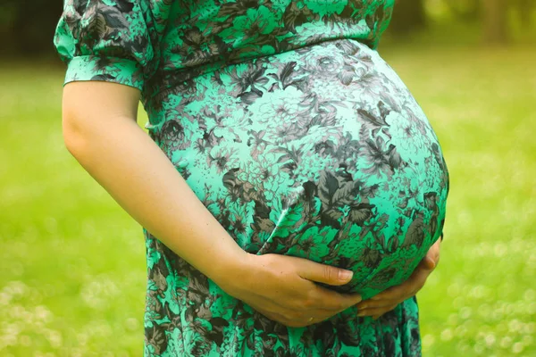 Молодая красивая беременная женщина держит руки на животе в длинном платье на фоне деревьев и зеленой гры летом — стоковое фото