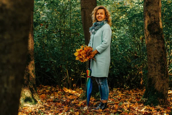 Giovane Bella Ragazza Passeggiate Nel Parco Autunnale Con Ombrello Colorato — Foto Stock