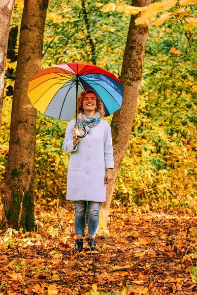 Ung Vacker Flicka Promenader Höst Parken Med Färgglad Paraply — Stockfoto