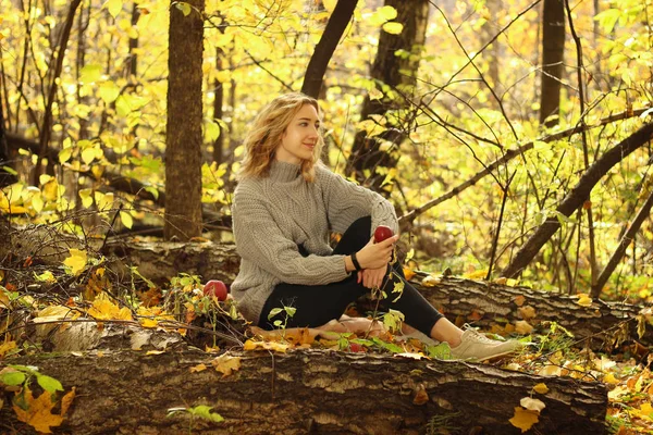 Mooi meisje in een gebreide trui op de achtergrond van de herfst park met gevallen bladeren — Stockfoto