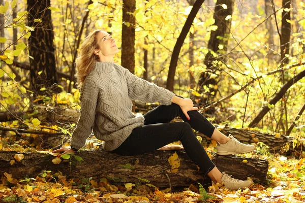 Giovane bella ragazza in un maglione a maglia sullo sfondo del parco autunnale con foglie cadute — Foto Stock