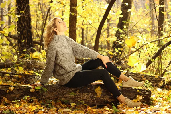 Ung vacker flicka i en stickad tröja på bakgrunden av höstens park med nedfallna löv — Stockfoto