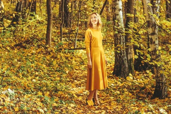 Young Beautiful Girl Yellow Long Dress Walks Autumn Park Fallen — Stock Photo, Image