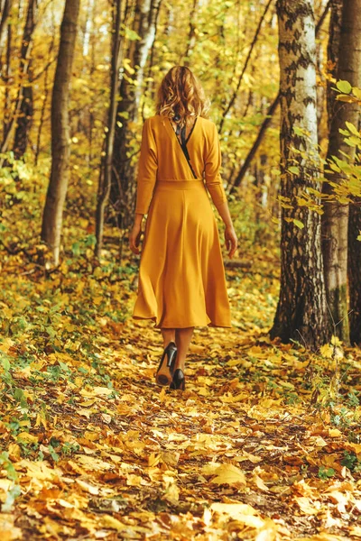 Młoda Piękna Dziewczyna Żółtej Sukience Długie Spacery Jesienny Park Opadłych — Zdjęcie stockowe