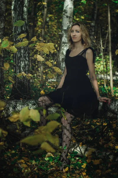 Young Kind Witch Black Dress Black Mask Mystical Forest Various — Stock Photo, Image