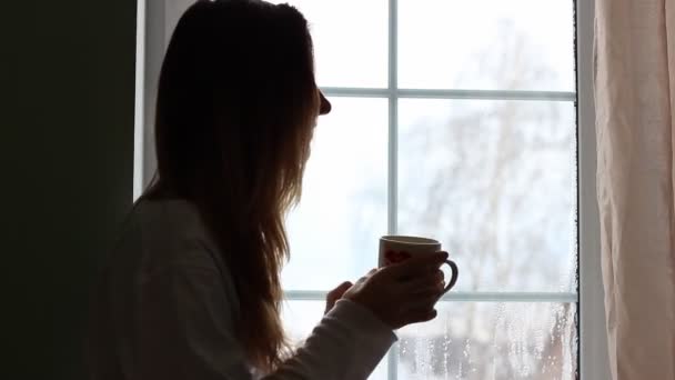 Genç Güzel Kız Yakın Kahvesini Büyük Pencere Dışında Bakarak Yakın — Stok video
