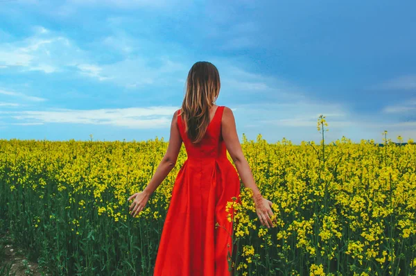 Jeune belle fille dans une robe rouge près du milieu du champ jaune avec une fleur de radis — Photo