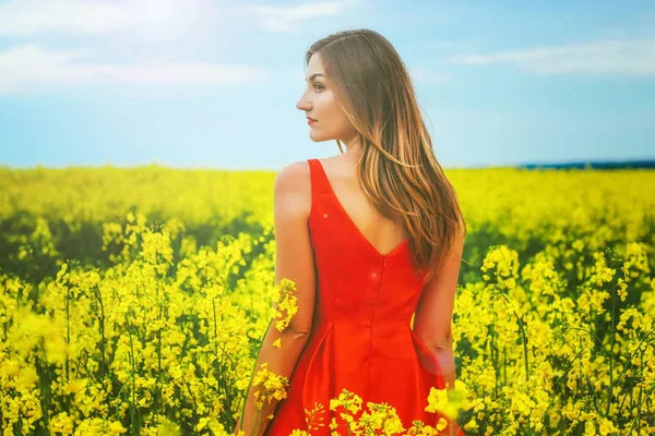 Mladá krásná dívka v červených šatech zblízka uprostřed žlutého pole s květinami a slunečnice — Stock fotografie