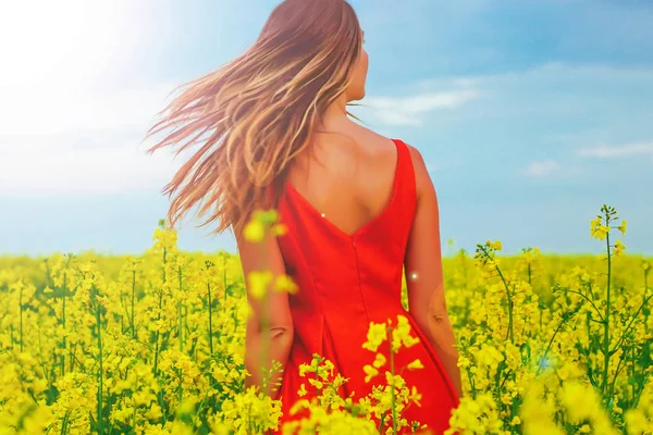 Menina bonita nova em um vestido vermelho perto no meio do campo amarelo com flores de rabanete e sol — Fotografia de Stock