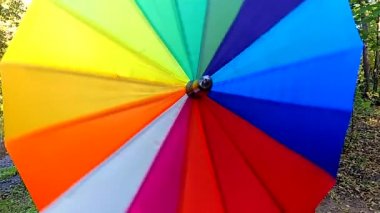 Çok renkli parlak şemsiye yakın çekim etrafında spin. Yavaş çekim