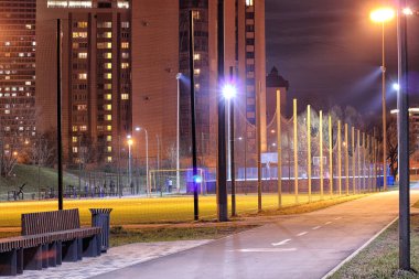  Işıklar ve yüksek katlı binalar ile gece büyük şehir Manzara.
