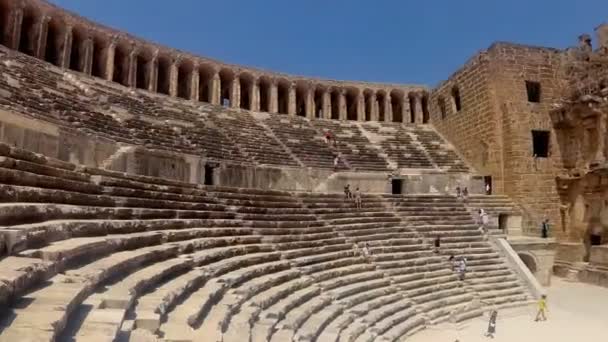 Aspendos Amfiteater Närbild Inne Sommaren Med Solsken Turkiet Serik — Stockvideo