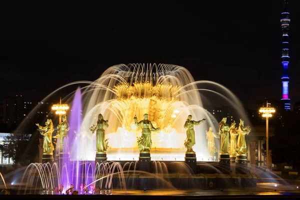 Fuente Multicolor Amistad Las Naciones Vdnkh Noche Moscú Rusia — Foto de Stock