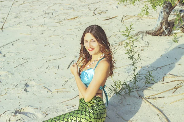 Young beautiful mermaid woman close up on the sea coast. Cosplay mermaid — Stock Photo, Image