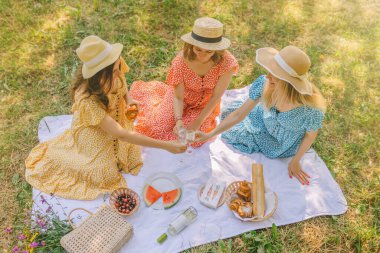 Yaz mevsiminde parkta piknikte üç güzel kadın..