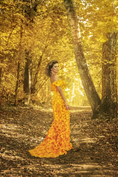 秋天的时候 公园里穿着秋天树叶做的连衣裙的年轻漂亮的姑娘 艺术照片 — 图库照片