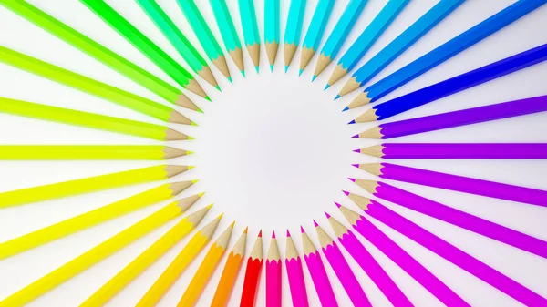 Circle color chart made of color pencils on white background - 3D Illustration.