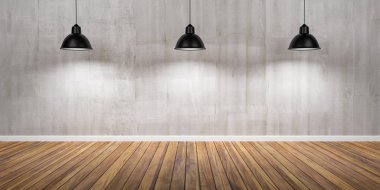 Oda üç lambalar, beton duvar ve ahşap zemin ile 3d çizim.
