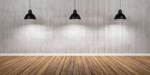 Oda üç lambalar, beton duvar ve ahşap zemin ile 3d çizim.