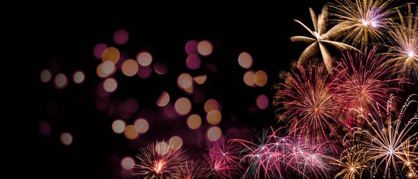 Gorgeous Multi Colored Fireworks Display Dark Night Sky Copyspace Bokeh — Stock Photo, Image