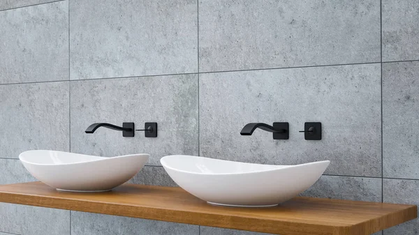 Siyah su musluk 3d-İllüstrasyon ile bir wodden meşe üst vanity banyo vanity havzası yakın